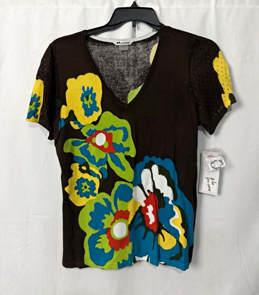 Nygard Collection Women's Brown Floral V-Neck Short Sleeve Top Sz Large